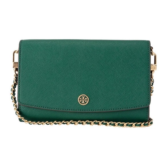 Tory Burch Robinson Leather Wallet On A Gold Chain Malachite Green
